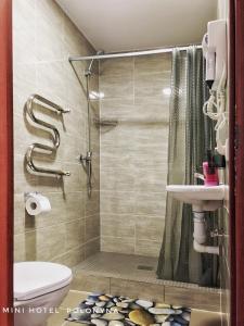 e bagno con doccia, servizi igienici e lavandino. di Mini Hotel Polonyna a Pilipets