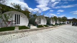 Une rangée de maisons en dôme blanc dans une rue dans l'établissement Casutele verzi din Ocnele Mari, à Ocnele Mari