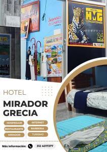 a poster for a hotel mirror crecca with a bed in a room at Hospedaje Mirador Grecia in Leticia