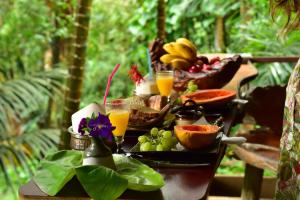 Currumbin ValleyCurrumbin Rainforest Treehouse的桌上的饮料和水果盘