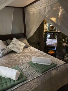 uma cama numa tenda com duas almofadas em Currumbin Rainforest Treehouse em Currumbin Valley