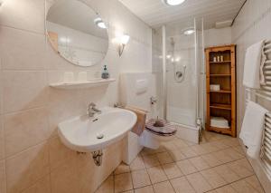 ein Badezimmer mit einem Waschbecken, einem WC und einem Spiegel in der Unterkunft Ferienhaus Bichler in Mittenwald