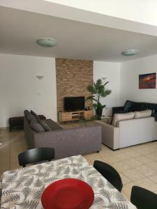 a living room with a couch and a tv at Villa Gracia in Ayia Napa