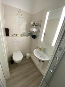 a small bathroom with a toilet and a sink at Pension Grunwald in Sehnde +16 photos