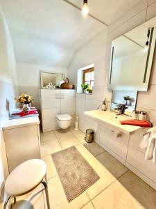 ein Badezimmer mit einem WC, einem Waschbecken und einem Spiegel in der Unterkunft Auszeitshäusel ideal für Naturfreunde und Wanderer in Marktschellenberg