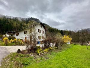 ein weißes Haus auf einem Grasfeld neben einer Straße in der Unterkunft Auszeitshäusel ideal für Naturfreunde und Wanderer in Marktschellenberg