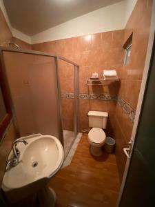 un bagno con doccia, lavandino e WC di Hotel Campestre Imperial a Huasca de Ocampo