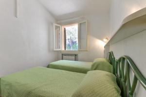 Una hilera de camas verdes en una habitación con ventana. en Appartamento La Spiga, en Procchio