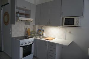 a kitchen with a sink and a stove and a microwave at Alma Sea House in Hanioti