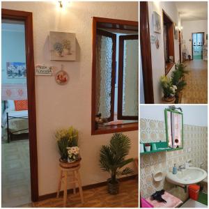 two pictures of a bathroom with a sink and a mirror at 4 stagioni in Villasimius