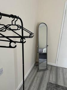 a bedroom with a mirror and a bed in a room at Extra Large House in Woolwich in Plumstead