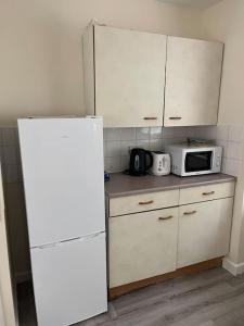 a kitchen with a white refrigerator and a microwave at Extra Large House in Woolwich in Plumstead
