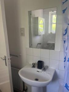 a white bathroom with a sink and a mirror at Extra Large House in Woolwich in Plumstead
