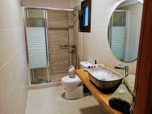 a bathroom with a sink and a toilet and a mirror at Villa Karina in Kolios +54 photos