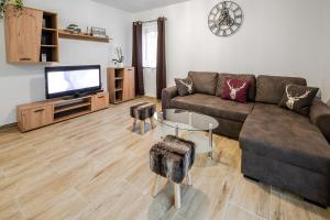 uma sala de estar com um sofá e uma televisão de ecrã plano em Apartmaji Koza em Zgornje Gorje