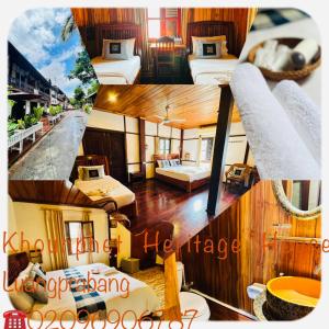 a collage of photos of a hotel room with beds at Khounphet Heritage House in Luang Prabang