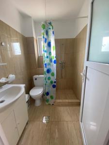 a bathroom with a shower curtain and a toilet at Kherim 2 in Tuzla