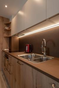 a kitchen with a stainless steel sink and wooden cabinets at Bait Martin Appartamento 3 in Livigno
