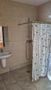 y baño con cortina de ducha y lavamanos. en Ośrodek SUDETY, en Jarnołtówek