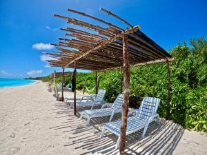 a row of blue chairs on a beach at AquaVilla in Vashafaru