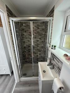 a bathroom with a shower and a sink at Ruby's Den in Carbis Bay
