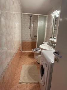 a bathroom with a shower and a washing machine at Galini Relax Suite in Rafina