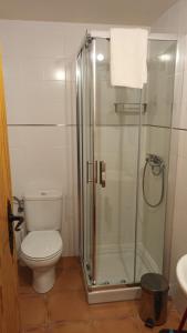 a bathroom with a toilet and a glass shower at El Sindicat de Tarrés Camins de Pedra in Tarrés