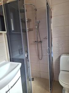 a bathroom with a shower and a sink at Apartamenty Dom nad Jeziorem in Głęboczek +24 photos