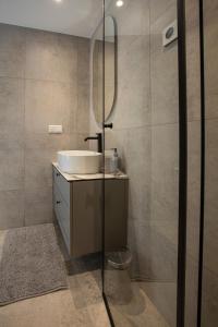 une salle de bain avec un lavabo et un miroir dans l'établissement M8 Modern Two-Floor Apartment, à Kaunas