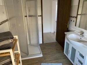 un bagno con lavandino e doccia in vetro di Ferienwohnung Anne a Eppenrod