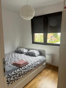een slaapkamer met een bed met kussens en een raam bij Apartman Staša Zlatibor in Zlatibor