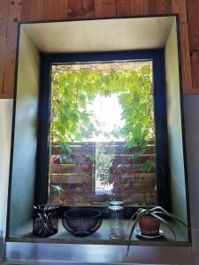 a mirror reflecting a window with a plant on a shelf at Gîte de charme au cœur de l'entre-deux-mers in Haux