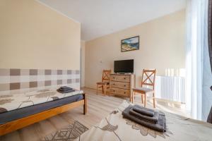 a bedroom with a bed and a tv and a chair at Pokoje Syberia Morska 20 in Kuźnica