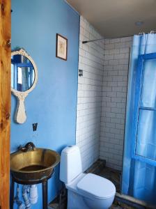 La salle de bains bleue est pourvue de toilettes et d'un lavabo. dans l'établissement Hostel ERA, à Tbilissi