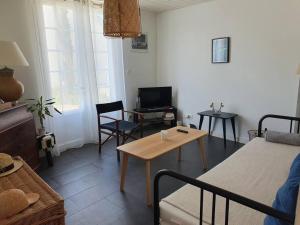 a living room with a table and chairs and a tv at Appartement sur cour privative in Capbreton