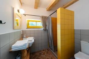 a bathroom with a sink and a shower at Osada Biały Wilk domek "Żółty" in Przysłup