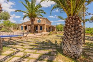 a villa with palm trees in front of a house at Hortella -Ecofinca- in Sant Joan