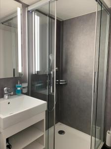 a bathroom with a sink and a glass shower at Hotel Engel am Bahnhof in Wädenswil