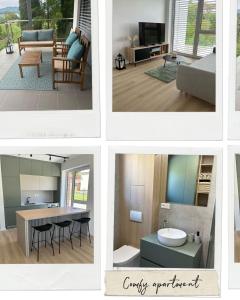 a collage of four pictures of a living room at Comfy Apartment Bojnice in Bojnice