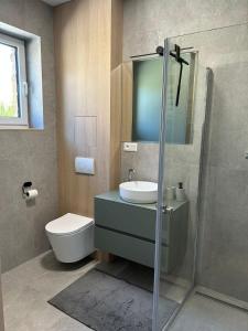 a bathroom with a toilet and a sink and a shower at Comfy Apartment Bojnice in Bojnice