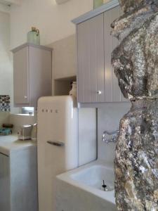 een keuken met een wastafel en een koelkast bij Esperia Luxury Suites in Astypalaia-stad (Chora)