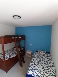 a bedroom with a bed and a blue wall at Casa Allegra- appartamento Calla in Cavergno