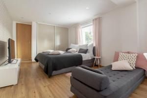 une chambre avec un lit, un canapé et une télévision dans l'établissement Ljubljana studio with FREE parking, Washer & Dryer, à Ljubljana