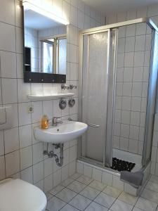 ein Bad mit einem Waschbecken und einer Dusche in der Unterkunft Alissa in Ludwigsburg