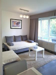 ein Wohnzimmer mit einem Sofa und einem Tisch in der Unterkunft Alissa in Ludwigsburg