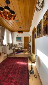 a living room with a wooden ceiling and a red rug at Quiet Abana in Abana