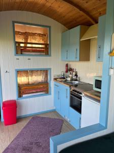 a kitchen with blue and white cabinets and a purple rug at Reef Shepherds Hut in Penally