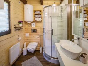 ein Bad mit einem WC, einem Waschbecken und einer Dusche in der Unterkunft Osada Widok na Góry in Polanica-Zdrój