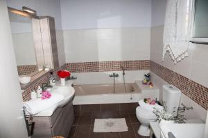 a bathroom with a tub and a toilet and a sink at Irini's Traditional Kefalonian House in Lixouri