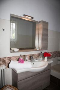 a bathroom with a sink and a mirror at Irini's Traditional Kefalonian House in Lixouri